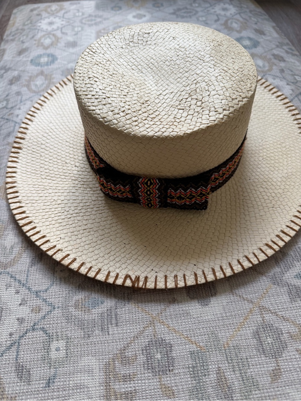 8 by YOOX Italian Paper Straw Boater Hat Ethnic Band Size M
